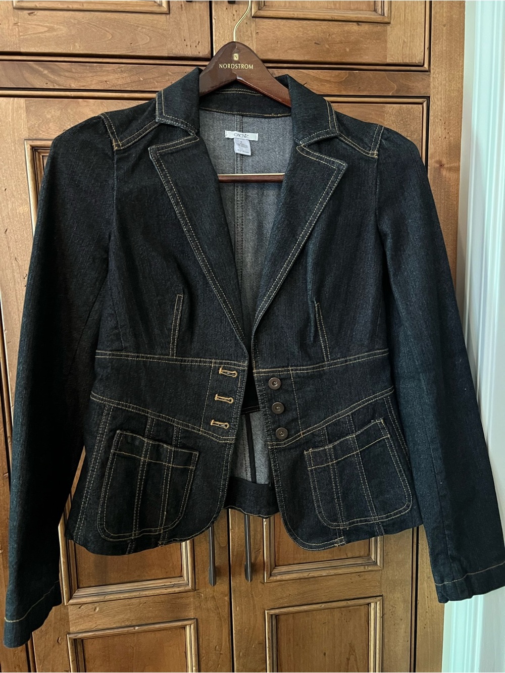 Cache Dark Denim Blazer with Contrast Stitching